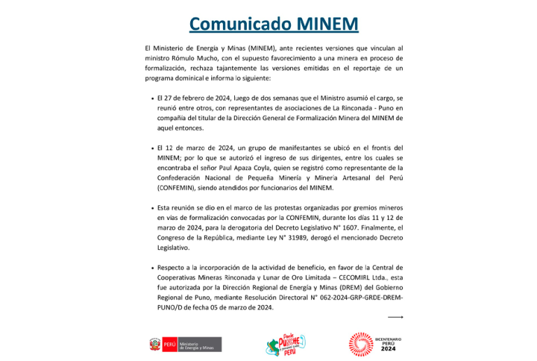 MINEM RECHAZA SUPUESTO FAVORECIMIENTO A MINERA EN PROCESO DE FORMALIZACIÓN