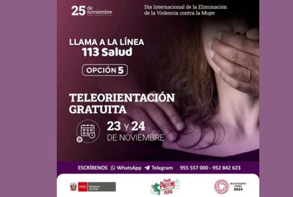 LÍNEA 113 DEL MINSA REALIZARÁ UNA JORNADA DE TELEORIENTACIÓN Y APOYO A MUJERES VÍCTIMAS DE VIOLENCIA